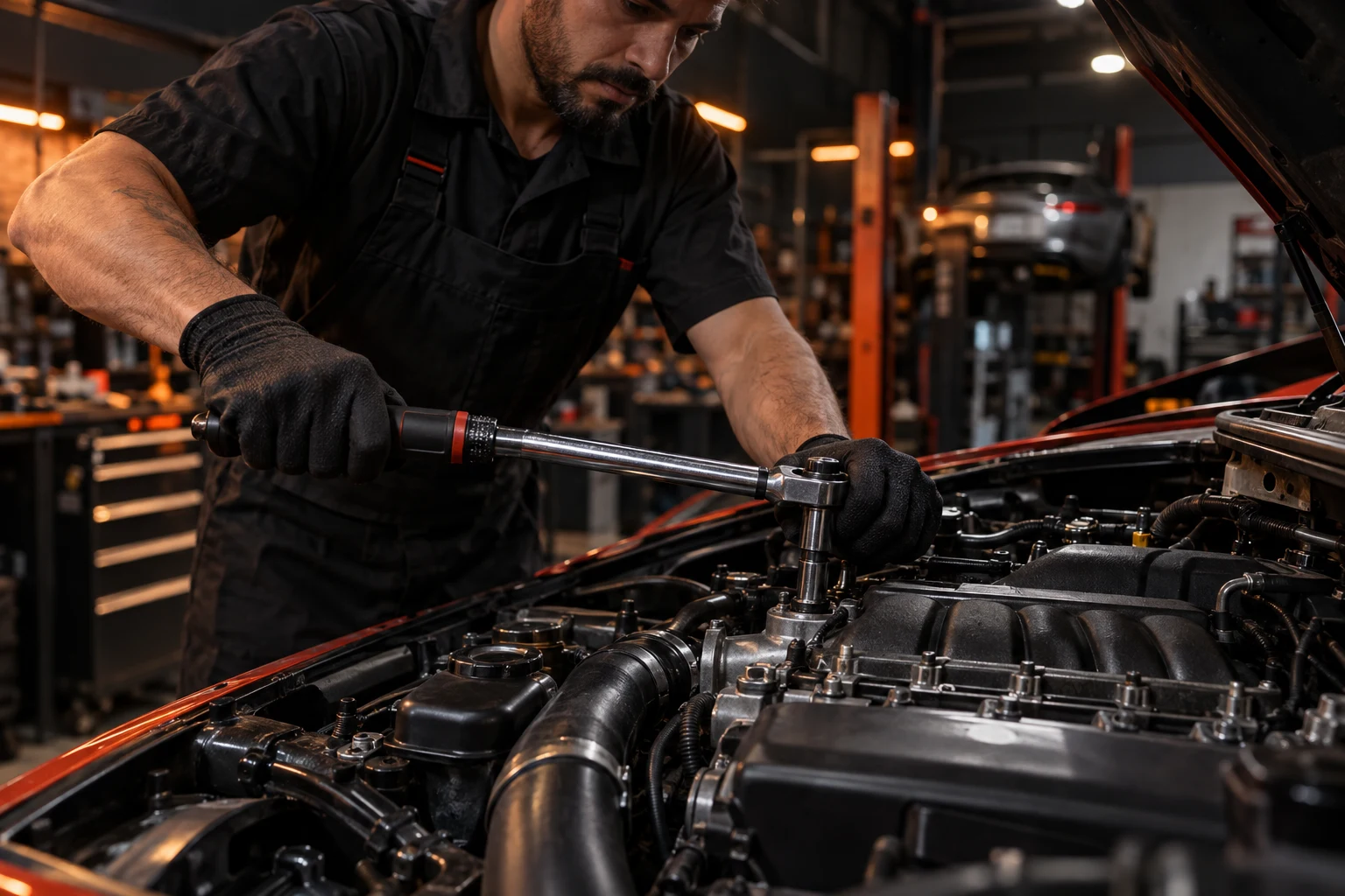 Mecânico com luvas usando uma chave de torque no motor