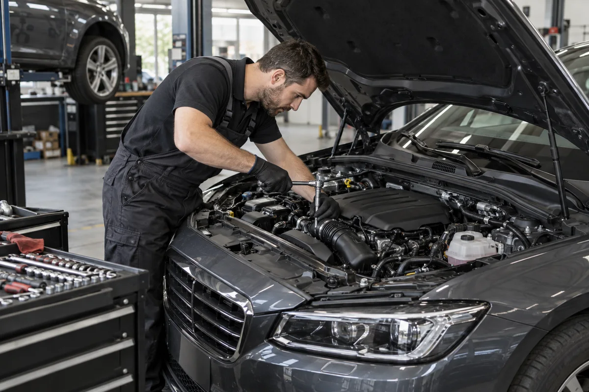 Mecânico realizando manutenção no motor de um carro com capô aberto
